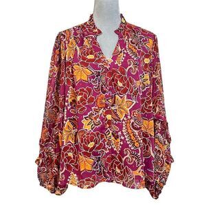 Fate Women's Floral Lurex Ruffle Trim Blouse Top V-Neck L Fall Workwear